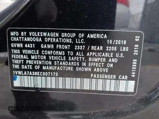 2019 Volkswagen Passat 2.0T Wolfsburg Edition with VIN 1VWLA7A36KC007173, listed as a IAAI auction lot 41357381 with 79,356 mi miles. Bid and sale history available at carsss.com. Image 9.