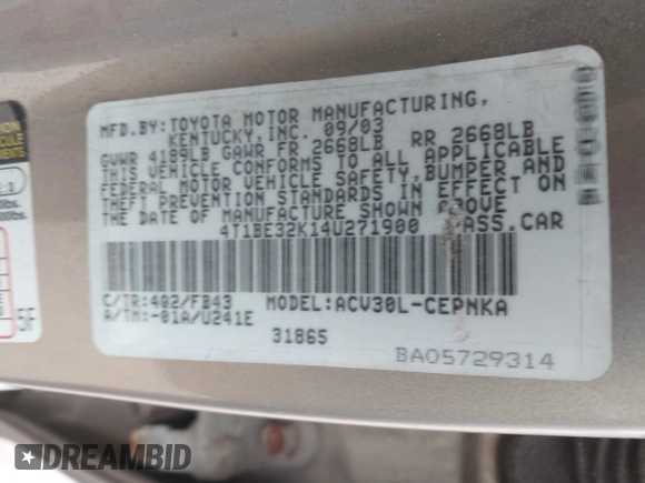 2004 Toyota Camry LE with VIN 4T1BE32K14U271900, listed as a IAAI auction lot 42533723 with 147,177 mi miles and . Bid and sale history available at DreamBid. Image 9.
