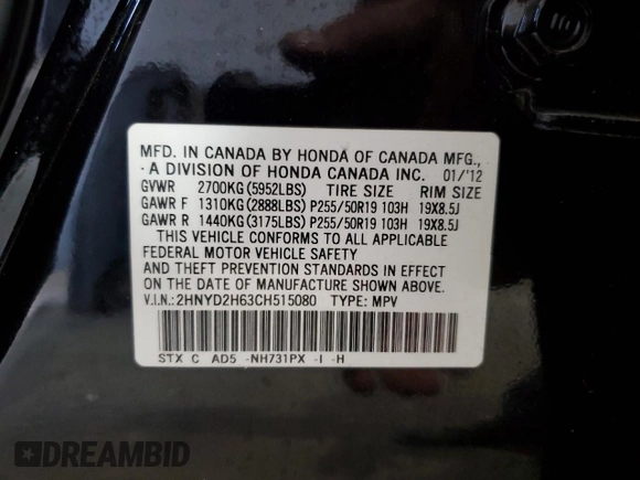 2012 Acura MDX Advance with VIN 2HNYD2H63CH515080, listed as a Copart auction lot 55577095 with 84,798 mi miles and Salvage title. Bid and sale history available at DreamBid. Image 14.