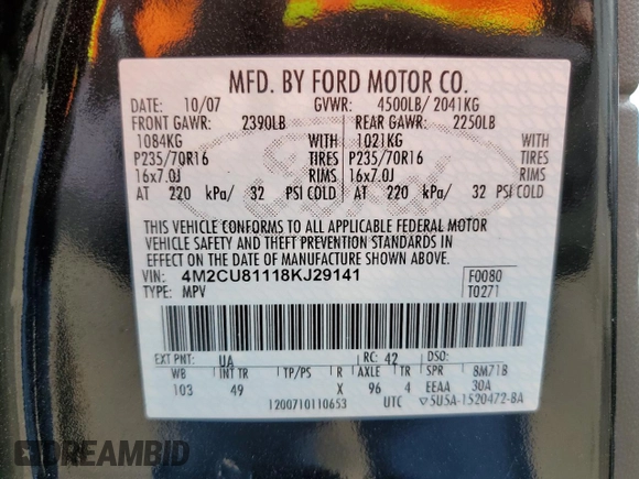 2008 Mercury Mariner z VIN 4M2CU81118KJ29141, wystawiony jako Copart lot #60014865 z przebiegiem 135 905 mil mil oraz Szkoda całkowita • Salvage title. Historia ofert i sprzedaży dostępna na DreamBid. Obrazek 13.