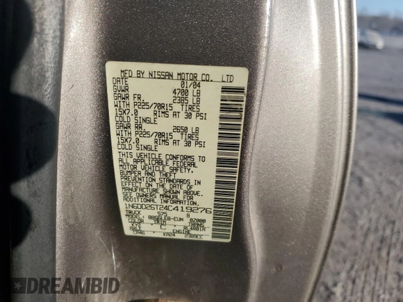 2004 Nissan Frontier XE with VIN 1N6DD26T24C419276, listed as a Copart auction lot 41825305 with 151,259 mi miles and Clean title. Bid and sale history available at DreamBid. Image 12.