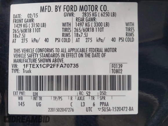 2015 Ford F-150 XL с VIN 1FTEX1CP2FFA70735, выставлен на аукционе IAAI как лот 42358207 с пробегом 148 890 миль миль и . История ставок и продаж доступна на DreamBid. Изображение 9.