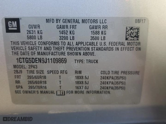 2018 GMC Canyon 2WD SLT with VIN 1GTG5DEN9J1109869, listed as a Copart auction lot 82796414 with 86,066 mi miles and Salvage Title. Bid and sale history available at carsss.com. Image 12.