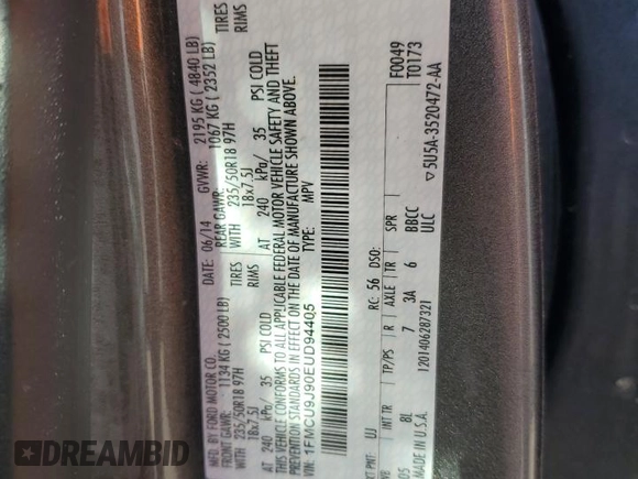 2014 Ford Escape Titanium with VIN 1FMCU9J90EUD94405, listed as a Copart auction lot 68489754 with 52,045 mi miles and Salvage Title. Bid and sale history available at DreamBid. Image 14.