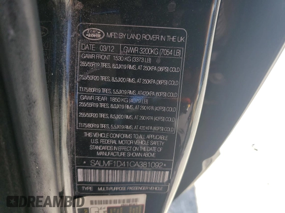 2012 Land Rover Range Rover HSE Lux with VIN SALMF1D41CA381092, listed as a Copart auction lot 48295575 with 194,952 mi miles and Salvage title. Bid and sale history available at DreamBid. Image 13.