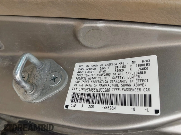 2003 Honda Civic LX z VIN 1HGES16583L030280, wystawiony jako IAAI lot #42515533 z przebiegiem Nie podano mil oraz . Historia ofert i sprzedaży dostępna na DreamBid. Obrazek 9.