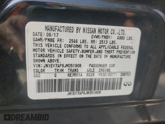 2018 Infiniti Q50 Luxe with VIN JN1EV7AP6JM351908, listed as a Copart auction lot 58056805 with 72,363 mi miles and Salvage title. Bid and sale history available at DreamBid. Image 12.