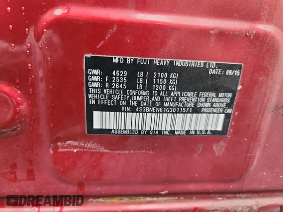 2016 Subaru Legacy Limited with VIN 4S3BNEN61G3011571, listed as a Copart auction lot 62853125 with 101,657 mi miles and Salvage title. Bid and sale history available at DreamBid. Image 13.