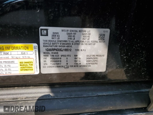 2016 GMC Acadia SLE with VIN 1GKKRPKD0GJ186512, listed as a Copart auction lot 59011865 with 93,529 mi miles and Clean title. Bid and sale history available at DreamBid. Image 13.