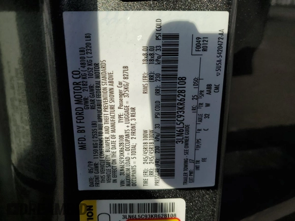 2019 Lincoln MKZ Reserve I with VIN 3LN6L5C93KR628108, listed as a Copart auction lot 49328825 with 32,319 mi miles and Salvage title. Bid and sale history available at DreamBid. Image 12.