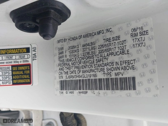 2016 Honda CR-V EX with VIN 5J6RM3H54GL019165, listed as a IAAI auction lot 41910273 with 102,669 mi miles. Bid and sale history available at carsss.com. Image 9.