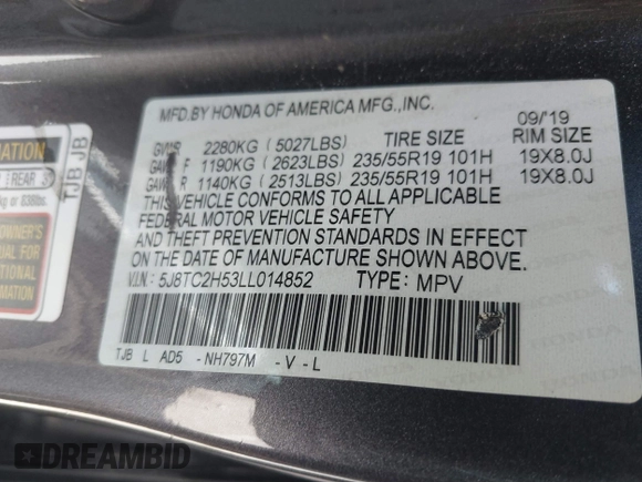2020 Acura RDX Technology with VIN 5J8TC2H53LL014852, listed as a IAAI auction lot 39360410 with 61,341 mi miles and . Bid and sale history available at DreamBid. Image 9.