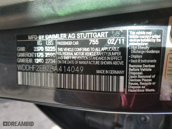 2011 Mercedes-Benz E-Class E 350 Luxury BlueTEC with VIN WDDHF2EB2BA414049, listed as a Copart auction lot 43645705 with 203,468 mi miles and Salvage Title. Bid and sale history available at carsss.com. Image 12.