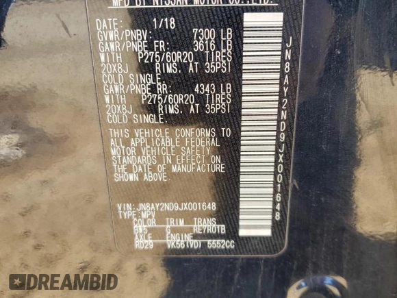 2018 Nissan Armada Platinum with VIN JN8AY2ND9JX001648, listed as a Copart auction lot 89330445 with 127,304 mi miles and Salvage Title. Bid and sale history available at carsss.com. Image 15.