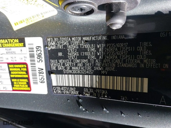 2012 Toyota Sienna XLE AAS with VIN 5TDYK3DC8CS254057, listed as a IAAI auction lot 41853010 with 84,351 mi miles. Bid and sale history available at carsss.com. Image 9.
