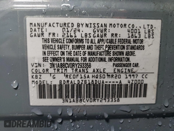 2024 Nissan Sentra SV with VIN 3N1AB8CV0RY293358, listed as a Copart auction lot 47292155 with 5,518 mi miles and Salvage Title. Bid and sale history available at carsss.com. Image 12.