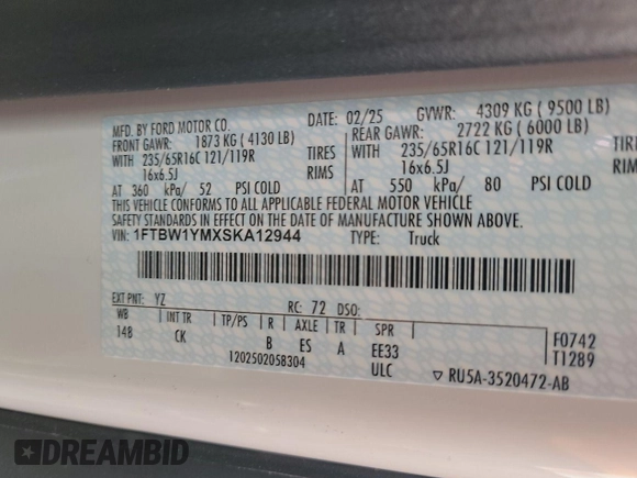 2025 Ford Transit with VIN 1FTBW1YMXSKA12944, listed as a IAAI auction lot 42844329 with 51 mi miles and . Bid and sale history available at DreamBid. Image 4.