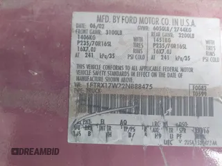 2002 Ford F-150 XL with VIN 1FTRX17W72NB88475, listed as a IAAI auction lot 41574244 with 200,396 mi miles. Bid and sale history available at carsss.com. Image 9.