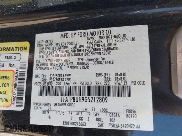 2016 Ford Mustang EcoBoost Premium with VIN 1FATP8UH9G5212809, listed as a IAAI auction lot 42010893 with 152,569 mi miles and . Bid and sale history available at carsss.com. Image 9.