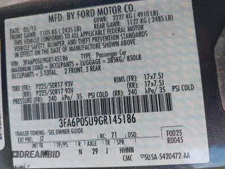 2016 Ford Fusion Titanium with VIN 3FA6P0SU9GR145186, listed as a IAAI auction lot 42023484 with 84,399 mi miles and . Bid and sale history available at DreamBid. Image 9.