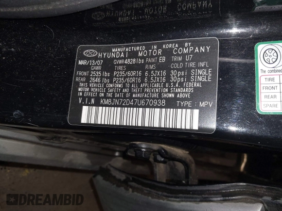 2007 Hyundai Tucson SE with VIN KM8JN72D47U670938, listed as a IAAI auction lot 41620857 with 129,769 mi miles and . Bid and sale history available at DreamBid. Image 9.