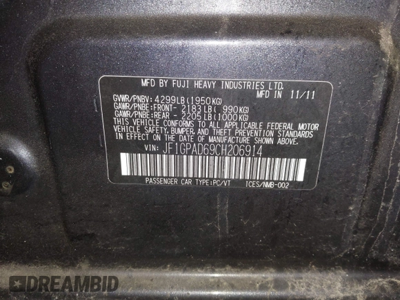2012 Subaru Impreza Premium с VIN JF1GPAD69CH206914, выставлен на аукционе IAAI как лот 42075903 с пробегом 249 388 миль миль и . История ставок и продаж доступна на DreamBid. Изображение 9.
