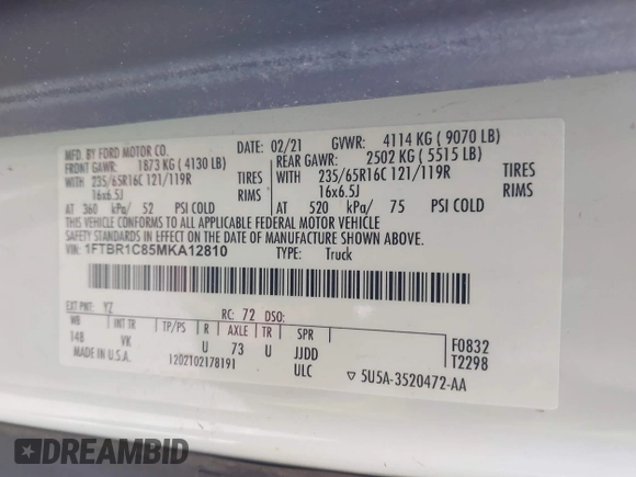 2021 Ford Transit Cargo with VIN 1FTBR1C85MKA12810, listed as a IAAI auction lot 41610132 with 105,724 mi miles and . Bid and sale history available at DreamBid. Image 9.