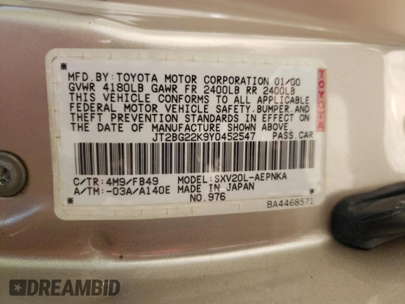 2000 Toyota Camry CE with VIN JT2BG22K9Y0452547, listed as a Copart auction lot 52342835 with 191,788 mi miles and Salvage Title. Bid and sale history available at carsss.com. Image 12.