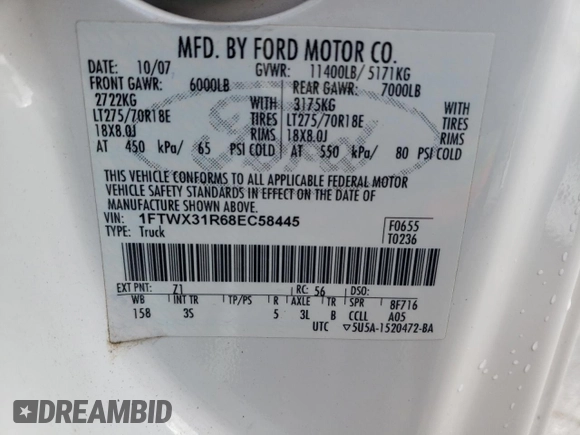 2008 Ford F-350 XL with VIN 1FTWX31R68EC58445, listed as a Copart auction lot 82446874 with 130,297 mi miles and Salvage Title. Bid and sale history available at DreamBid. Image 12.