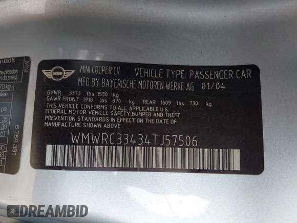 2004 MINI Hardtop with VIN WMWRC33434TJ57506, listed as a IAAI auction lot 42117581 with 148,483 mi miles and . Bid and sale history available at DreamBid. Image 9.