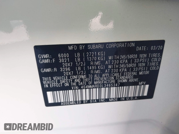 2020 Subaru Ascent Touring с VIN 4S4WMARD3L3465347, выставлен на аукционе IAAI как лот 41318411 с пробегом 60 923 миль миль и . История ставок и продаж доступна на DreamBid. Изображение 9.