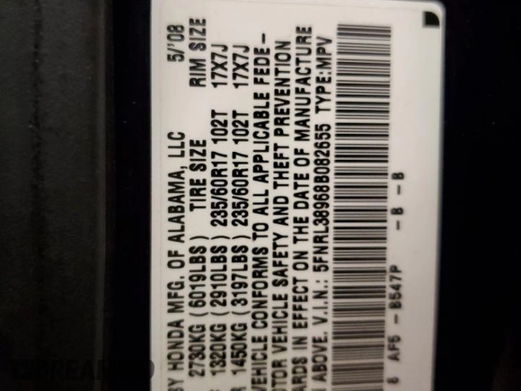 2008 Honda Odyssey Touring with VIN 5FNRL38968B082655, listed as a Copart auction lot 70887554 with 163,082 mi miles and Salvage Title. Bid and sale history available at carsss.com. Image 13.