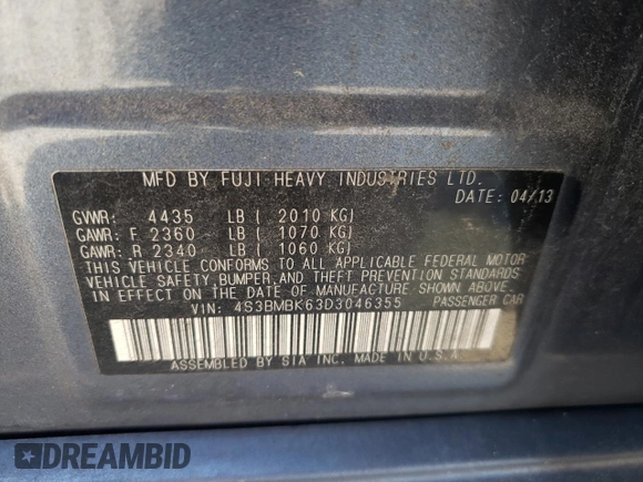 2013 Subaru Legacy Limited z VIN 4S3BMBK63D3046355, wystawiony jako Copart lot #46071075 z przebiegiem 169 744 mil mil oraz Szkoda całkowita • Salvage title. Historia ofert i sprzedaży dostępna na DreamBid. Obrazek 14.