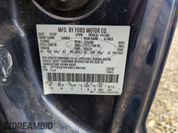 2008 Ford Super Duty F-250 SRW XL with VIN 1FTSX21R18EC45143, listed as a Copart auction lot 86825984 with 0 mi miles and Clean Title. Bid and sale history available at carsss.com. Image 12.