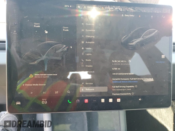 2025 Tesla Model 3 Long Range with VIN 5YJ3E1EA1SF878806, listed as a Copart auction lot 50427005 with 9,790 mi miles and Salvage Title. Bid and sale history available at DreamBid. Image 9.