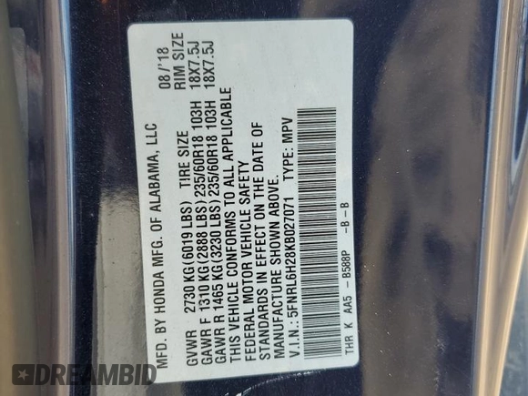 2019 Honda Odyssey LX with VIN 5FNRL6H28KB027071, listed as a Copart auction lot 54882995 with 87,988 mi miles and Salvage Title. Bid and sale history available at DreamBid. Image 13.