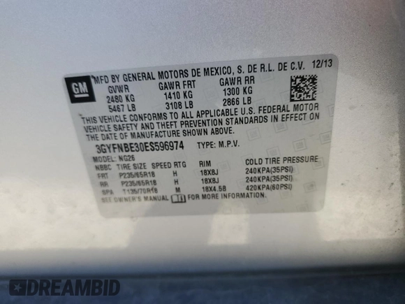 2014 Cadillac SRX Luxury Collection with VIN 3GYFNBE30ES596974, listed as a Copart auction lot 53278375 with 61,452 mi miles and Salvage Title. Bid and sale history available at DreamBid. Image 14.
