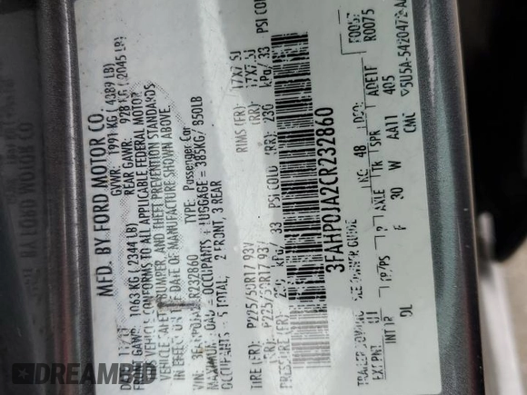 2012 Ford Fusion SEL z VIN 3FAHP0JA2CR232860, wystawiony jako Copart lot #57754735 z przebiegiem 234 638 mil mil oraz Szkody całkowita. Historia ofert i sprzedaży dostępna na DreamBid. Obrazek 12.