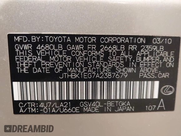 2010 Lexus ES with VIN JTHBK1EG7A2387679, listed as a IAAI auction lot 42056045 with 161,539 mi miles. Bid and sale history available at carsss.com. Image 9.