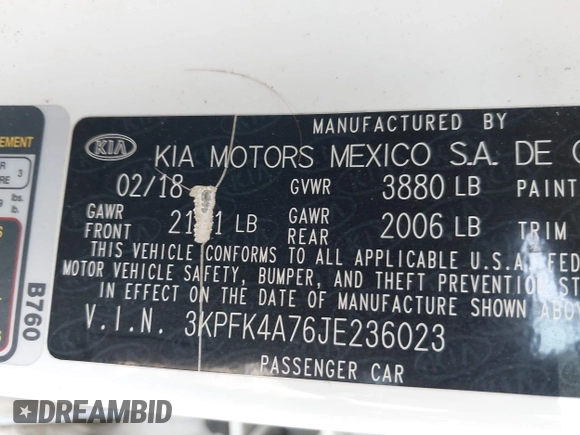 2018 Kia Forte LX with VIN 3KPFK4A76JE236023, listed as a IAAI auction lot 42168951 with 1 mi miles. Bid and sale history available at carsss.com. Image 9.