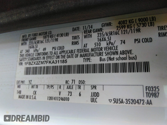 2015 Ford Transit XL с VIN 1FBZX2ZM7FKA31185, выставлен на аукционе IAAI как лот 36403910 с пробегом 193 000 миль миль и . История ставок и продаж доступна на DreamBid. Изображение 9.