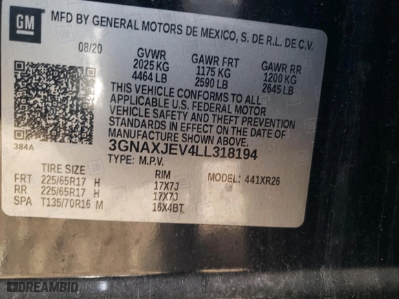 2020 Chevrolet Equinox LT with VIN 3GNAXJEV4LL318194, listed as a Copart auction lot 75473024 with 0 mi miles and Salvage Title. Bid and sale history available at carsss.com. Image 12.