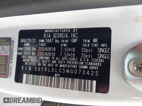 2021 Kia Sorento S with VIN 5XYRLDLC5MG073425, listed as a IAAI auction lot 41985477 with 54,440 mi miles and . Bid and sale history available at DreamBid. Image 9.