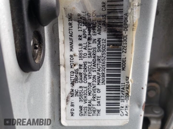 2005 Toyota Corolla CE with VIN 1NXBR32E65Z550212, listed as a Copart auction lot 54346315 with 252,260 mi miles and Salvage Title. Bid and sale history available at DreamBid. Image 12.