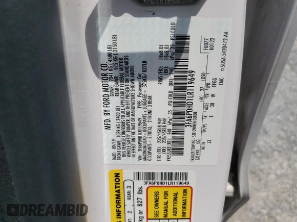 2020 Ford Fusion SE with VIN 3FA6P0HD1LR119649, listed as a Copart auction lot 63858665 with 133,344 mi miles and Clean title. Bid and sale history available at DreamBid. Image 12.