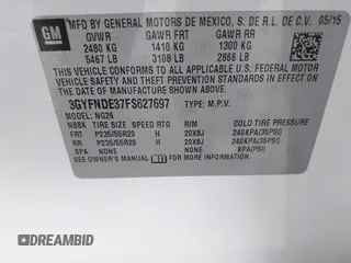 2015 Cadillac SRX Premium Collection with VIN 3GYFNDE37FS627697, listed as a IAAI auction lot 42354811 with 64,135 mi miles and . Bid and sale history available at DreamBid. Image 9.