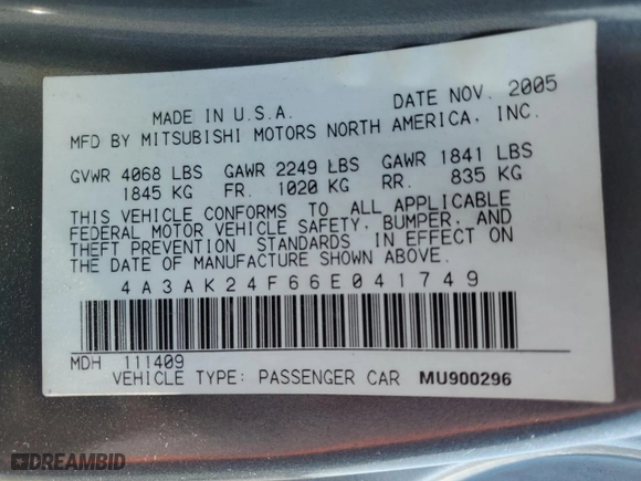 2006 Mitsubishi Eclipse GS with VIN 4A3AK24F66E041749, listed as a Copart auction lot 70521514 with 143,011 mi miles and Salvage Title. Bid and sale history available at carsss.com. Image 14.