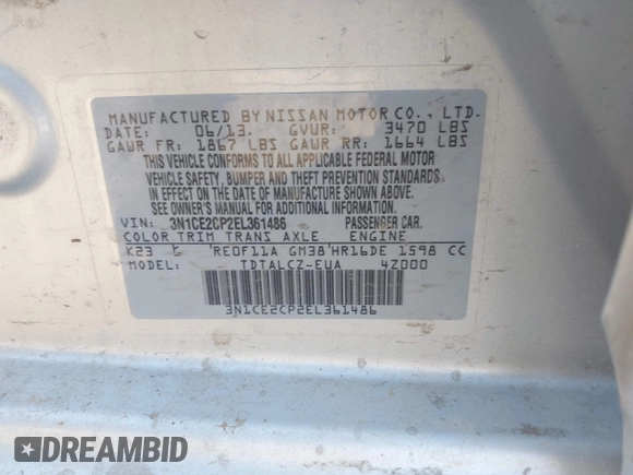 2014 Nissan Note SV with VIN 3N1CE2CP2EL361486, listed as a IAAI auction lot 41908679 with Not Provided miles and . Bid and sale history available at DreamBid. Image 9.