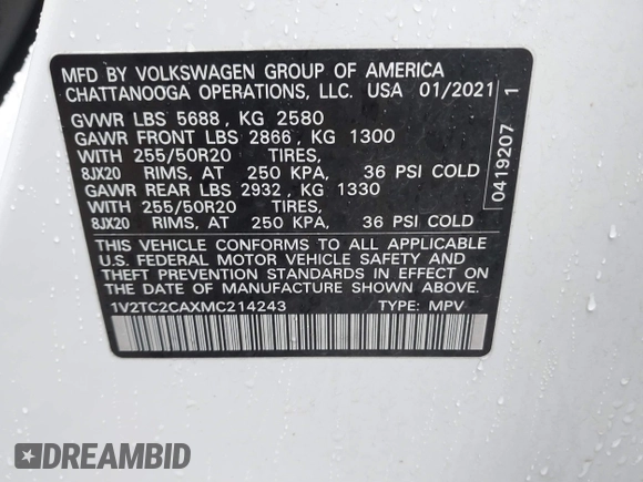 2021 Volkswagen Atlas SEL Premium with VIN 1V2TC2CAXMC214243, listed as a IAAI auction lot 41200408 with 54,902 mi miles and . Bid and sale history available at DreamBid. Image 9.