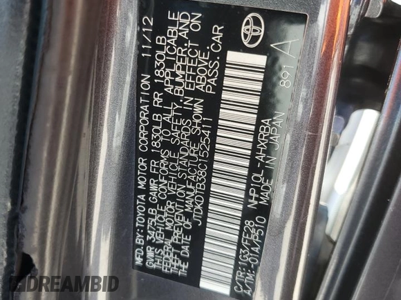 2012 Toyota Prius One with VIN JTDKDTB38C1525411, listed as a Copart auction lot 52160395 with 189,625 mi miles and Salvage Title. Bid and sale history available at carsss.com. Image 13.